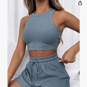 2 piece blue waffle weave crop tank top and shorts set size small